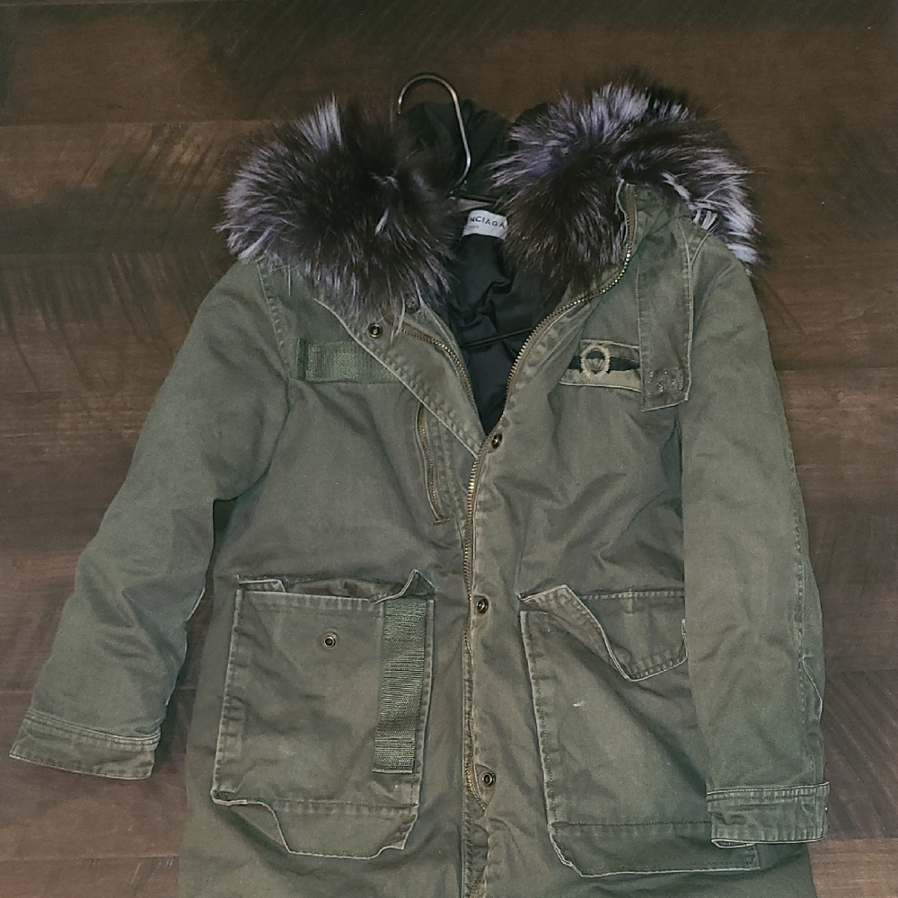 Women Balenciaga Green Fur Hooded Olive Parka with Faux Fur Trim